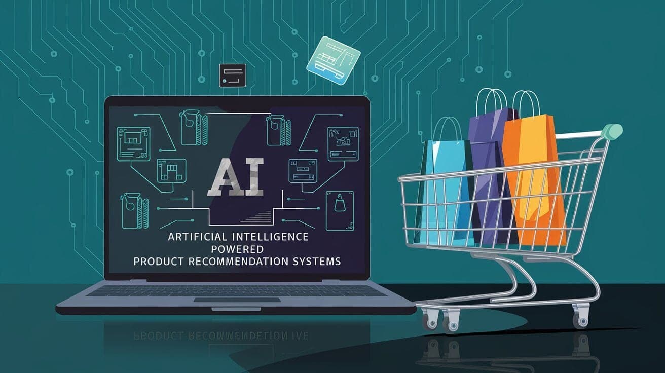 Digiware UpsellFlow AI Pro: laptop showing AI-powered product recommendation systems beside a shopping cart on a tech-forward background